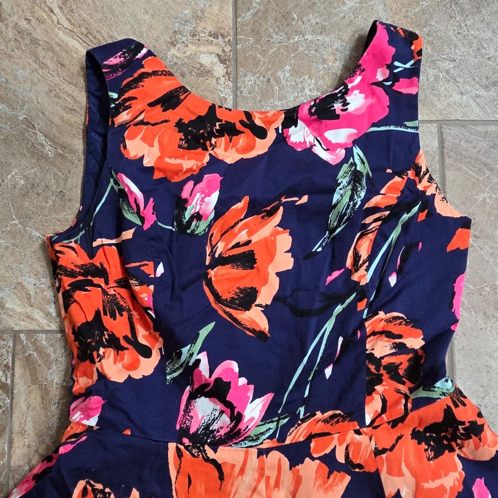 PREMISE DRESSES Navy Blue Floral Print Fit Flare Dress Size 4 Orange‎ Pink Party - Picture 5 of 9